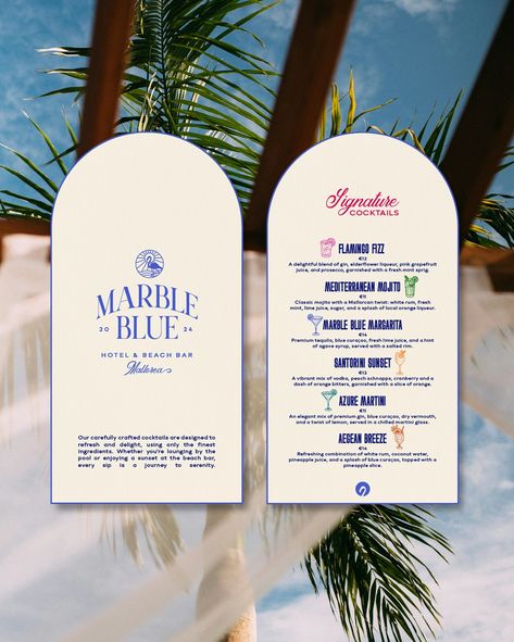 Marble Blue, a hotel resort & beach bar that captures the island’s essence, combines luxury with the charm of the coastal and natural environments 🌴  holiday, beach bar branding, beach bar menu, cocktail menu, cocktail menu design, drinks menu inspo, arch menu, holiday branding, logo design inspo, beach logo, beach bar logo, hotel logo, elegant design, luxurious design, menu mockup, print design, print designer Beach Bar Branding, Hotel Collateral, Beach Bar Design, Cocktail Menu Design, Holiday Branding, Resort Branding, Drink Menu Design, Bar Branding, Hotel Menu