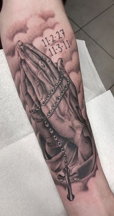 Praying Hands With Clouds Tattoo, Praying Hands Tattoo For Men Forearm, Praying Hands Tattoo For Men, Praying Hands Tattoo For Women, Prayer Hands Tattoo For Men, God Hands Tattoo, Praying Hands Tattoo Design Ideas, Praying Hand Tattoo, Praying Hands With Rosary Tattoo