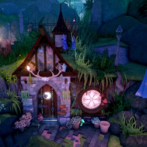 Fairy Houses Bloxburg, Fairy Village Bloxburg, Bloxburg House Fairycore, Fantasy Bloxburg House, Bloxburg Enchanted Forest, Fairy Bloxburg House, Bloxburg Fairy House Ideas, Fairy Garden Bloxburg, Bloxburg Crystal Cave