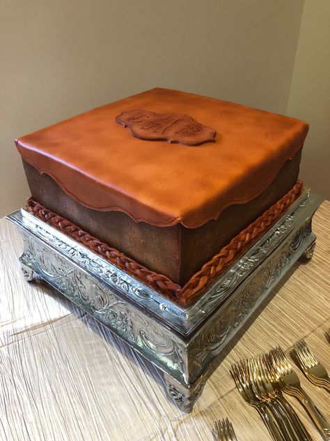 Tooled Leather Cowboy Groom’s Cake Cowboy Grooms Cake, Western Grooms Cake, Cowboy Groom, Western Wedding Cakes, Turquoise Cake, Custom Treats, Grooms Table, Western Themed Wedding, S Cake