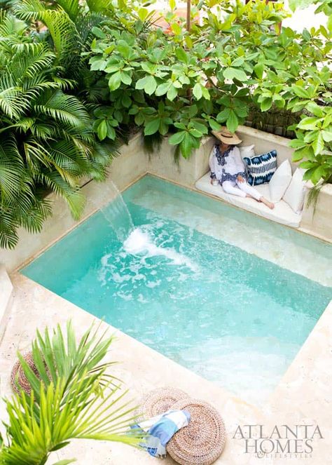 28 Refreshing plunge pools that are downright dreamy Plunge Pool Landscaping, In Ground Cold Plunge, Spillover Spa Pool, Plunge Pools For Small Yards, Dip Pools, Plunge Pool Ideas Small Spaces, Round Plunge Pool, Small Plunge Pool, Courtyard Pools