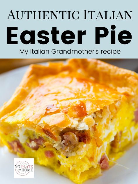 This Italian Easter Pie recipe (quiche) is my Italian grandmothers who lived in Southern Italy. She's since passed but, her delicious recipe lives on. It's so easy to make with refrigerated pie crust. Just add prosciutto, hard Italian salami, mozzarella and Parmesan cheese with whisked eggs and black pepper and bake for one hour! It taste great warm or room temperature and is perfect for Easter Brunch! It's a yummy tradition to keep alive. CLICK THE LINK to get this easy printable recipe. Southern Easter Desserts, Easter Menus And Recipes, Italian Easter Dinner, Simple Easter Dinner, Recipe Quiche, Italian Pie, Italian Easter Recipes, Italian Easter Pie, Traditional Easter Recipes