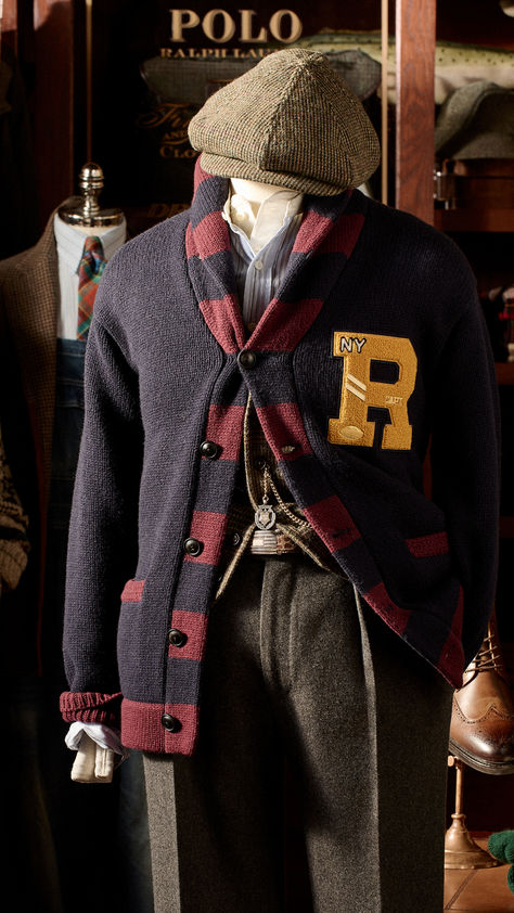 This shawl-collar cardigan features a chenille “R” patch at the chest that is detailed with “NY” embroidery and varsity-inspired plaques. Rakish Style, Preppy Man, Varsity Cardigan, Preppy Mens Fashion, Classic Clothing, Ivy Style, Vintage Workwear, Shawl Collar Cardigan, Collar Cardigan