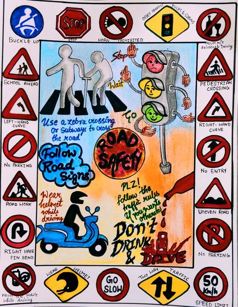 Poster Road Safety, Traffic Awareness Poster Drawing, Road Safety Awareness Poster, Traffic Awareness Drawing, Poster Making On Road Safety, Traffic Rules Poster Drawing, Safety Drawings Ideas, Traffic Safety Posters Drawing, Poster On Road Safety