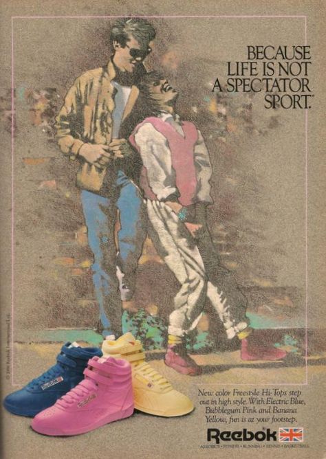 Reebok hi-tops ad, 1986. Just so 80s. Pink Sneakers Outfit, Reebok Freestyle, Pink Reebok, Best Ads, Retro Advertising, Reebok Sneakers, Print Ad, Print Magazine, Sneakers Outfit