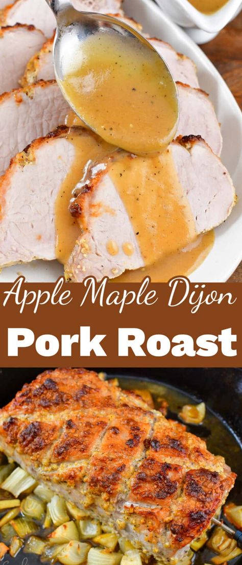 Apple Maple Dijon Pork Roast is a beautiful main course for family and holiday dinners infused with apples, maple syrup, and Dijon mustard flavors. This pork loin is oven roasted to tender, juicy perfection on the bed of vegetables. A recipe for a fantastic pan-drippings gravy is also included. Drippings Gravy, Pork Roast Recipes Oven, Apple Pork Loin, Pork Loin Recipes Oven, Pork Roasts, Baked Pork Loin, Pork Roast With Apples, Slow Cooker Pork Loin, Crockpot Pork Loin