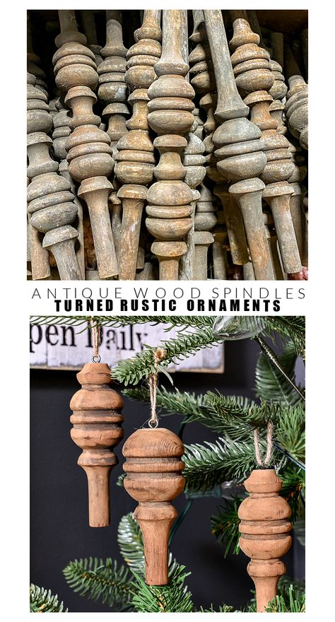 DIY antique wood spindle ornaments! #diyornaments #antiqueornaments #architecturalsalvage #spindleornaments #ornaments #salvagedornaments Spindle Ornaments, Wooden Ornaments Diy, Spindle Crafts, Homemade Christmas Tree, Christmas Booth, Rustic Christmas Ornaments, Farmhouse Ornaments, Antique Christmas Ornaments, Rustic Ornaments