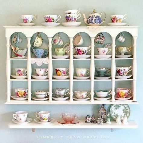 How To Display Tea Cups And Saucers Vintage Teacups, Tea Cup Storage Display, Diy Tea Cup Display, Diy Teacup Display, Tea Cup Shelf Display, Tea Cup Storage Display Vintage Teacups, Tea Cup Collection Display, Teacup Organization, Tea Cup Organization