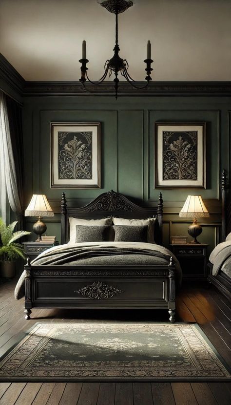 25 Chic Black and Dark Green Bedroom Ideas for a Trendy Look 39 Dark Teal Bedroom, Dark Academia Bedroom, Dark Academia Interior, Dark Green Rooms, Vintage Bedroom Ideas, Academia Bedroom, Maximalist Bedroom, Tiny House Bedroom, Dark Green Walls