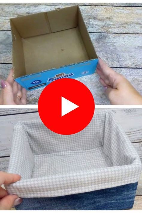 craft tutorial on how to make cardboard basket organizer with jeans Cardboard Basket, Cardboard Box Diy, Recycle Cardboard Box, Cardboard Organizer, Fabric Covered Boxes, Cardboard Craft, Cardboard Crafts Diy, Cardboard Box Crafts, Basket Crafts