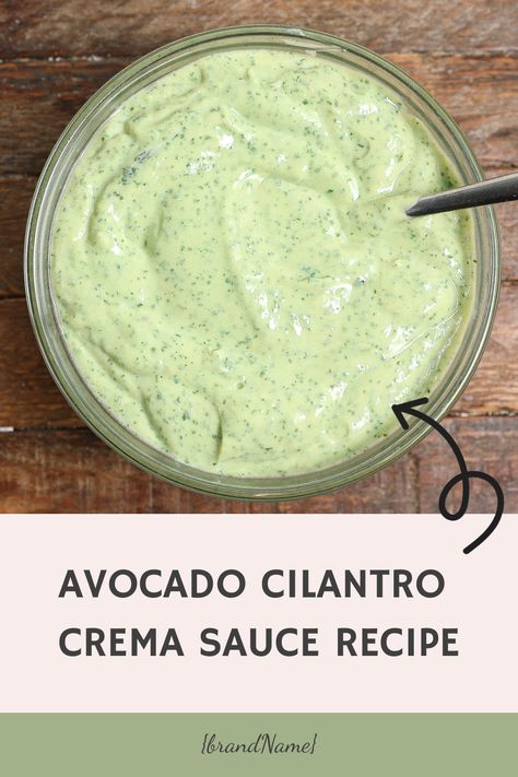 Avocado Cilantro Crema – Creamy avocado, zesty cilantro, and a hint of lime create a versatile sauce perfect for tacos, salads, or as a dip. Avocado Garlic Sauce, Creamy Avocado Cilantro Lime Dressing, Avocado Cilantro Salsa, Avocado Lime Crema Recipe, Cream Cheese Cilantro Dip, Cilantro Avocado Crema, Avocado Enchilada Sauce, Avocado Dipping Sauce Easy, Avocado Cilantro Lime Crema