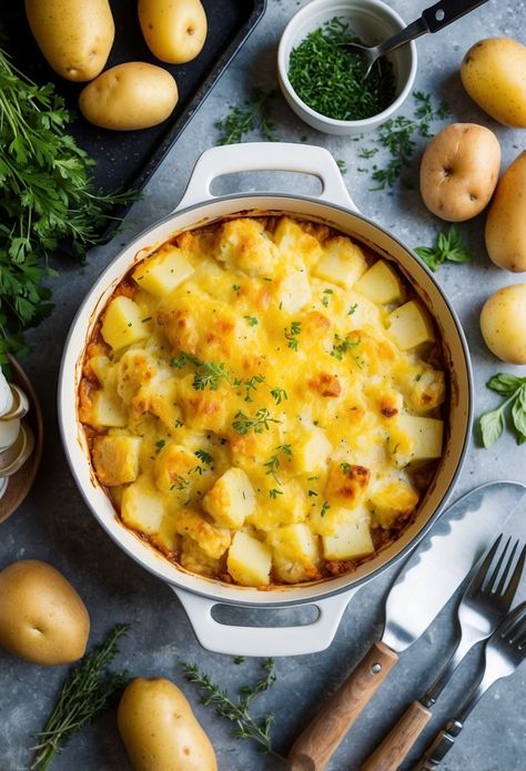 A rustic kitchen with a bubbling potato casserole in a ceramic dish surrounded by fresh potatoes, herbs, and cooking utensils Fresh Potato, Garlic Mashed Potatoes, Creamy Potato, Potato Skins, Crispy Potatoes, Bacon Bits, Potato Casserole, Croquettes, Ceramic Dishes