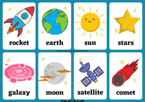 Space Flashcards- Free Printable Worksheets - Kids Art & Craft Space Games For Kids, Space Printables, Planet For Kids, Heavenly Bodies, Sun And Earth, Flashcards For Kids, Space Games, About Space, Water Bodies