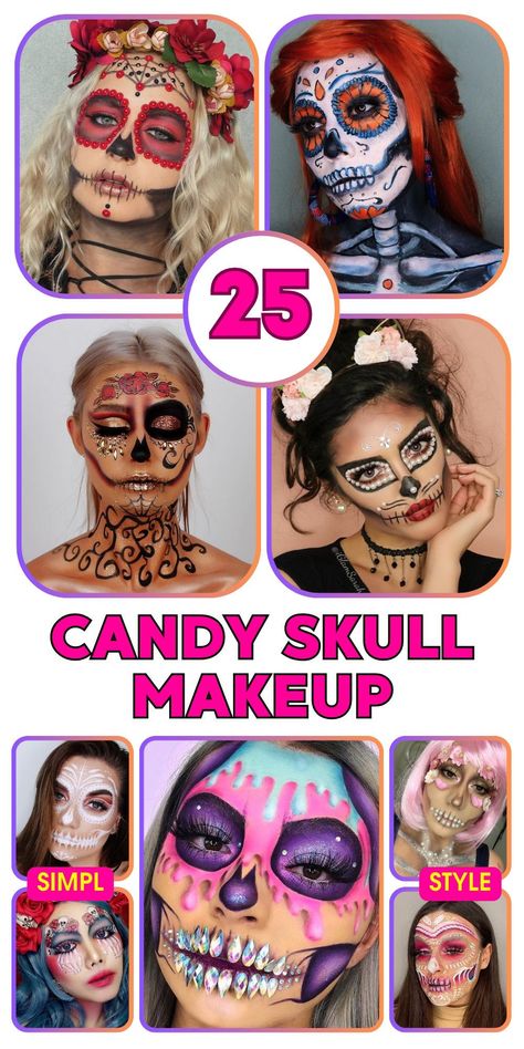 Candy skull makeup is the perfect choice for a vibrant Halloween look. Easy and simple to apply, this design is ideal for women and kids alike. Choose from neon, pink, and blue colors to create a stunning sugar skull. Whether you go for a half face or full face, this Mexican-inspired art will make your Halloween costume pop. Find easy tutorials online to help you achieve a colorful and pretty design that’s sure to impress. Easy Day Of The Dead Makeup Simple, Sugar Skull Hair Ideas, Skull Makeup Pretty, Sugar Skull Face Paint Easy, Colorful Skeleton Makeup, Candy Skull Face Paint, Skull Candy Makeup, Diy Sugar Skull Makeup, Sugar Skull Makeup Pretty