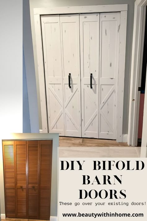 outdated shutter style wood bifold doors and then white diy bifold barn doors Diy Bifold Barn Doors, Diy Bifold Doors, Door Remodel, Bifold Doors Makeover, Diy Closet Doors, Laundry Doors, Accordion Doors, Door Makeover Diy, Closet Door Makeover