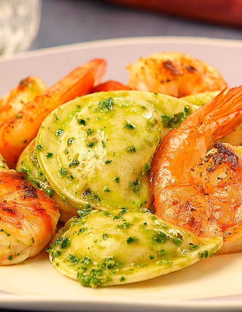 Shrimp And Perogies, Shrimp And Pesto, Cilantro Shrimp, Pierogi Recipe, Whipped Potatoes, Health Dinner, Pesto Recipe, Health Dinner Recipes, Seafood Dinner