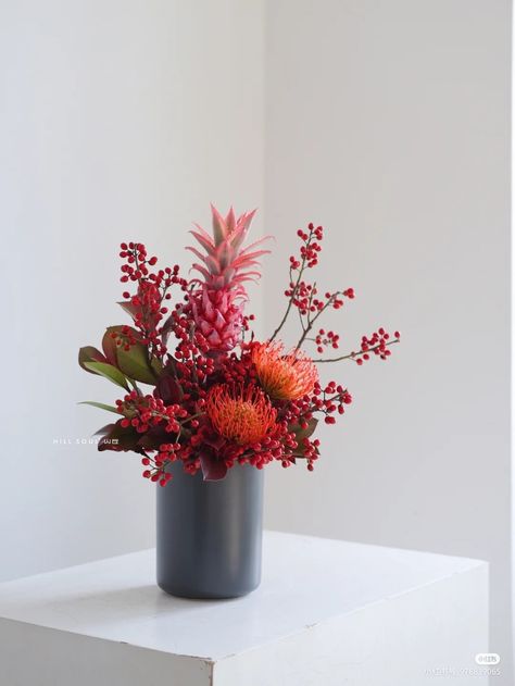 Cny Floral Arrangement, Asian Inspired Floral Arrangements, Chinese New Year Bouquet, Lunar New Year Flower Arrangement, Chinese Flower Arrangement, New Years Flowers, Chinese New Year Flower Arrangement, Chinese New Year Flowers, Hotel Flower Arrangements