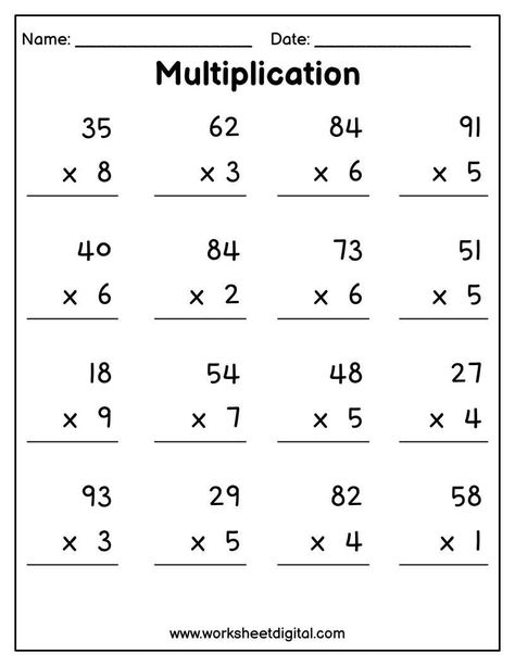 Printable Multiplication 2 digit by 1 digit worksheets help your kids to practice their time tables skills from 1 through 12. Suitable for any grade students. The download consists 12 printable black and white worksheets  PDF Letter size (8.5 x 11 in) Print and laminate for lasting use. Thank you for visiting Worksheet Digital. www.worksheetdigital.com Multiplying 2 Digit By 1, One Digit Multiplication Worksheet, Multiplication For Grade 2 Worksheet, Multiplication 2 Digit By 2 Digit, Multiplication Grade 2 Worksheet, Multiplication By 2 Digits, Two Times Tables Worksheets, 2 Digit By 1 Digit Multiplication, Grade 2 Multiplication Worksheets