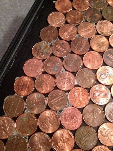 Heart Maine Home: How to make a penny-top table {DIY} Penny Table Tops, Penny Crafts, Penny Table, Penny Floor, Owner Builder, Old Coffee Tables, Copper Table, Garden Coffee Table, Garden Coffee