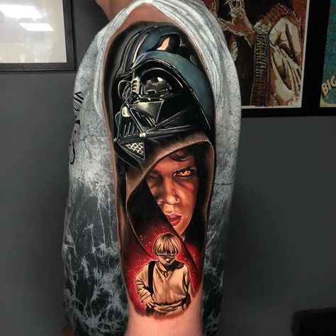 Vader Tattoo, Star Wars Tattoo Sleeve, Darth Vader Tattoo, Dark Vador, Theme Tattoo, Star Wars Anakin, Cool Tattoos For Guys, Star Wars Tattoo, 3d Tattoo