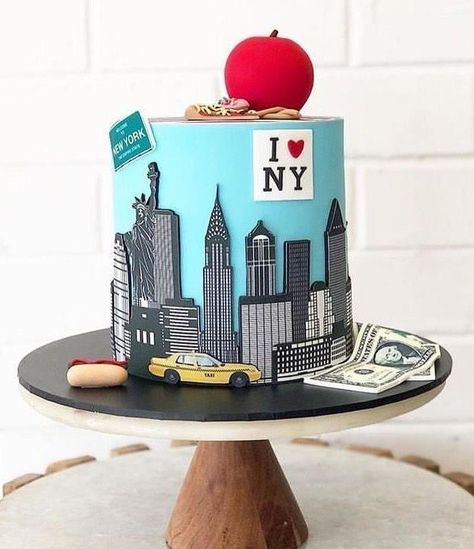 Birthday Cake Nyc, New York City Birthday, Building Cake, Mountain Wedding Cake, Nyc Cake, New York Cake, Globe Cake, City Cake, New York Theme