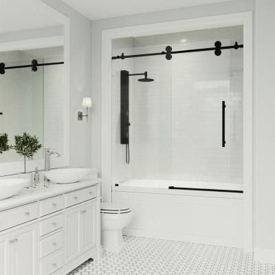 Elan 56 to 60 in. x 66 in. Frameless Sliding Tub Door in Clear/Matte Black with Clear Glass and Handle Black Bathtub, Tub Door, Interior Simple, Bathtub Doors, Interior Vintage, Interior Minimalista, Tub Doors, Steam Showers Bathroom, Sliding Shower Door