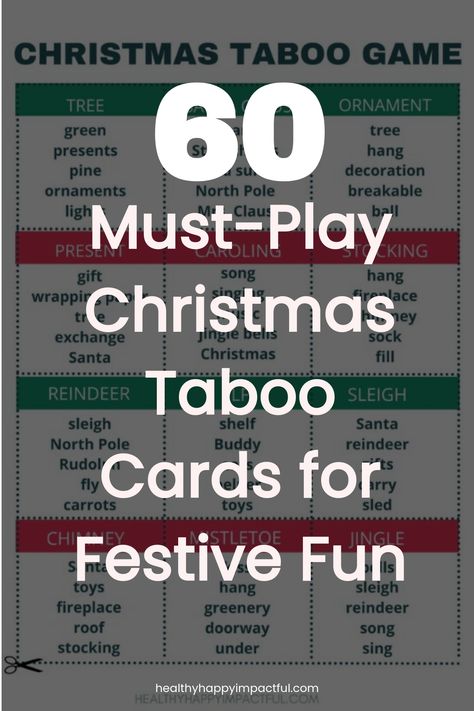 60 Christmas Taboo game cards for festive fun, featuring themed words like tree, ornament, reindeer, and sleigh. Christmas Taboo Cards, Christmas Taboo Game, Family Christmas Games Using Solo Cups, Christmas Taboo Printable Free, Taboo Cards, Christmas Games To Play, Christmas Party Games For Adults, Holiday Party Game, Taboo Game