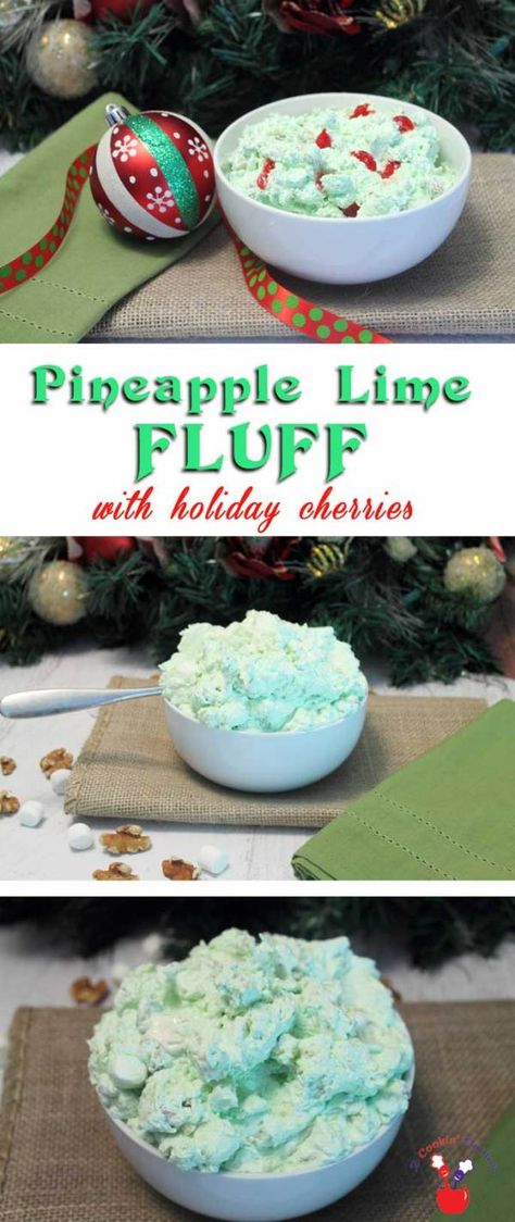 Pineapple Lime Fluff | 2 Cookin Mamas Our Pineapple Lime Fluff is a decadent side, a dessert or even a dip. It's super creamy, flavored with lime and mixed with cream cheese, marshmallows and pineapple. Dress it up with cherries and it's perfect for the holidays. #recipe #salad Lime Fluff, Dishes For Christmas, Lime Jello Salads, Cookie Salad, Oreo Fluff, Fluff Recipe, Recipe Salad, Pineapple Dress, Jello Salad