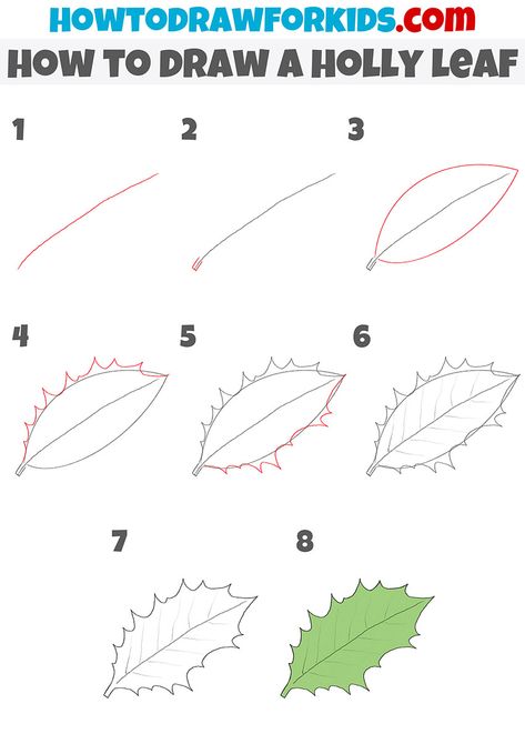 How To Draw Holly Leaves, Holly Leaves Drawing, How To Draw Holly, English Drawing, Draw Christmas, Draw Ideas, Easy Drawing Tutorial, Drawing Tutorials For Kids, Flower Art Drawing