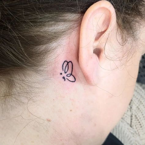 Semi-colon Butterfly Tattoo Behind The Ear, Simple Behind Ear Tattoos For Women, Behind The Ear Semi Colon, Semi Colon Behind Ear Tattoo, Semi-colon Tattoo Behind The Ear, Semi-colon Tattoo Ideas Wrist, Semi-colon Butterfly Tattoo Simple, Hidden Semi-colon Tattoo Ideas, Small Ear Tattoos For Women