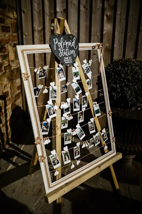 Photo Frame Lancashire Barn Wedding Beth Alderson Photography #wedding #weddingdecor Polaroid Wedding Decoration, Polaroid Photo Display Wedding, Photo Pallet Wedding, Pallet Picture Display Wedding, Polaroid Hanging Ideas Wedding, Polaroid Decor, Polaroid Photo Booths, Colourful Candles, Wedding Polaroid