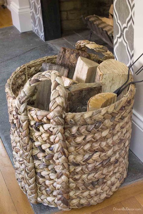 Stylish Fireplace Accessories That Will Elevate Your Space - Driven by Decor Basket Near Fireplace, Basket By Fireplace Decor, Fireplace Basket Decor, Stylish Fireplace, Transitional Fireplace, Glass Fireplace Screen, Art Deco Fireplace, Log Carrier, Driven By Decor