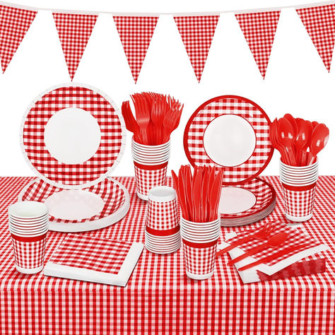 146 Piece Red and White Plaid Gingham Party Supplies Tableware Set Disposable Paper Plates Napkins Cups Cutlery Spoons Tablecloth Banner for Picnic Decorations Birthday Party Family Dinner #ad #picnic #redgingham #appleofoureye #babyshowersupplies #picnicsupplies #picnicaccessorries #appleofoureyebabyshower #babyshowerideas #Babyshowersupplies Gingham Party, 70 Birthday, Decorations Birthday Party, Table Cloth Decorations, Red And White Plaid, Picnic Decorations, Baby Shower Supplies, Plastic Tablecloth, Big Top