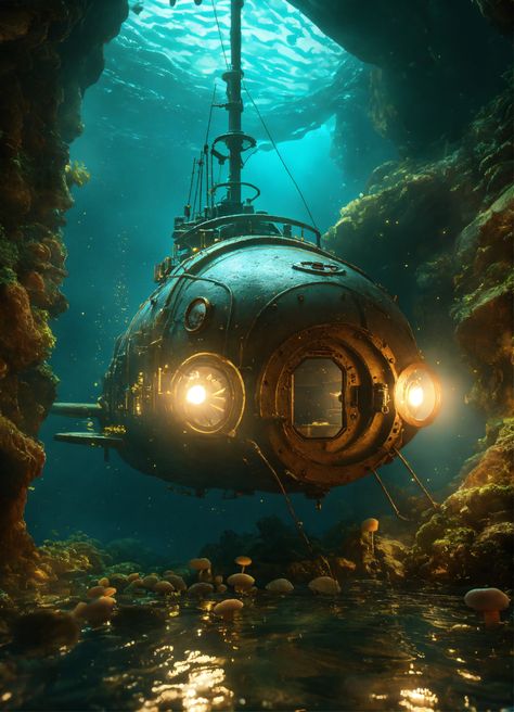 Submarine Photography, Fantasy Submarine, Steampunk Submarine, Nautilus Submarine, Ian Mcque, United Nation, Sea Cave, Photography Lighting, Steampunk Art