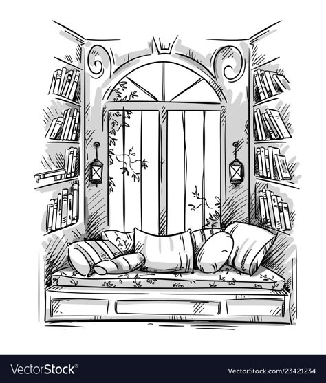 Reading Clipart, Cozy Window, Cozy Window Seat, Architecture Drawing Sketchbooks, Window Drawing, Istoria Artei, Drawing Hands, Interior Design Sketches, Canvas Painting Ideas