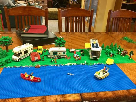 My LEGO campground! I made this from three sets - the LEGO Camper Van 60057, the LEGO City Car and Caravan 4435, and the Vacation Getaway 31052, with assistance from Outdoor Adventures 60202. Lego Camper Van, Lego Camper, Lego Camp, Lego Furniture, Lego Table, City Car, Cub Scouts, Cool Lego Creations, Lego Design