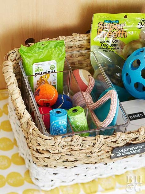 wicker basket with pet toys and supplies Pet Supply Organization, Dog Supplies Storage, Dog Supplies Organization, Pet Closet, Pet Supplies Organization, Dog Organization, Animals And Pet Supplies, Diy Pet Toys, Pet Storage