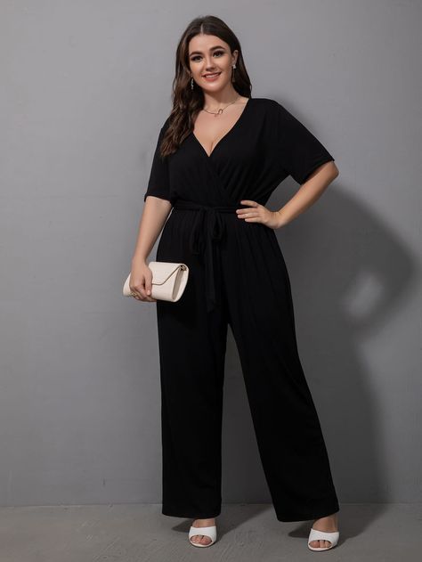 Black Casual Collar Half Sleeve Polyester Plain Culottes Embellished Slight Stretch Summer Plus Size Jumpsuits & Bodysuits Black Jumpsuit Outfit Night Classy, Black Jumpsuit Outfit Night, Black Jumpsuit Outfit, Chic Dress Classy, Plus Size Summer Outfits, Belted Jumpsuit, Belt Jumpsuit, Dress Classy, Summer Plus Size