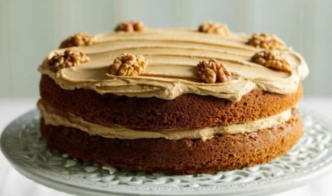 Delia Smith Coffee and Walnut Cake Delia Smith Recipes, Mini Coffee And Walnut Cakes, Coffee And Walnut Cake Decoration, Vegan Coffee And Walnut Cake, Coffee And Walnut Cupcakes, Coffee Walnut Cake, Walnut Cake Recipe, Delia Smith, Coffee And Walnut Cake