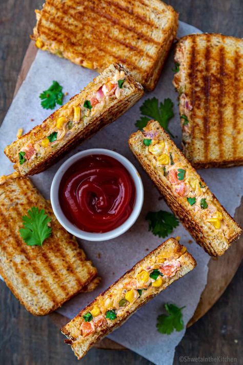 Creamy Vegetable Sandwich - Shweta in the Kitchen Best Grilled Vegetables, Vegetable Sandwich, Vegetarian Sandwich Recipes, Pasta Bread, Grilled Vegetable Recipes, Veg Sandwich, Vegetarian Fast Food, Healthy Sandwiches, Cooking Homemade