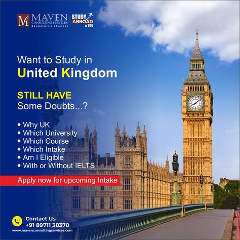 Want to study in the UK but you are uncertain how to begin ? Get in touch with us for expert counselling at +91 89711 38370 or visit www.mavenconsultingservices.com For more Information regarding Study Abroad. Facebook Poster, Azerbaijan Travel, Study In Uk, Admissions Poster, Instagram Covers, Education Poster Design, Graphic Design Brochure, Design Brochure, Uk Post