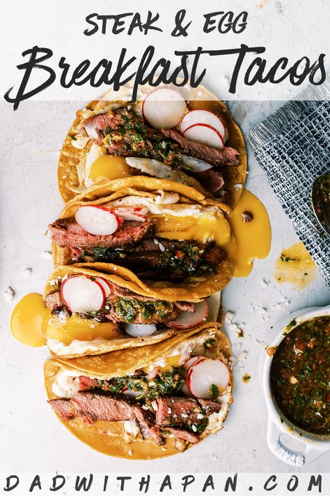 Steak and Egg Breakfast Tacos topped with some chimichurri and a little queso fresco and you've got a amazing twist on a breakfast classic! Flank Steak Breakfast, Steak And Eggs Brunch Ideas, Steak And Eggs Sandwich, Steak And Egg Tacos, Skillet Egg Sandwich, Steak Breakfast Tacos, Breakfast Bbq Ideas, Bbq Breakfast Ideas, Breakfast Steak Recipes