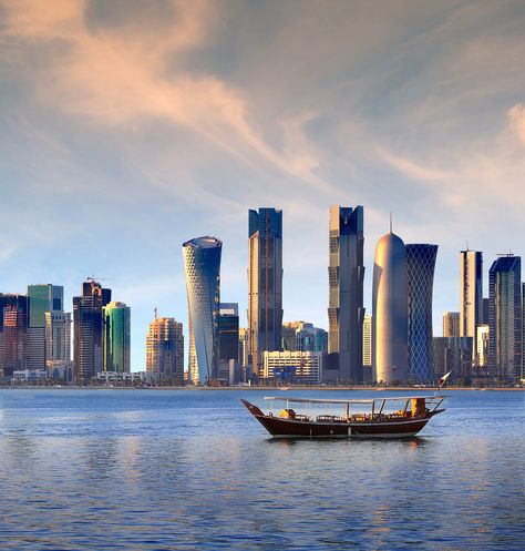 Doha, #Qatar skyline Qatar Landscape, Qatar Skyline, Doha Skyline, Arabic Luxury, Qatar Travel, Dubai Vacation, Tall Buildings, Qatar Doha, Vacation Goals