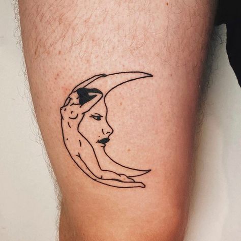 Moon Mother Tattoo, Geometric Crescent Moon Tattoo, Lady On Moon Tattoo, Women Dancing Under The Moon Tattoo, Hung The Moon Tattoo, Crescent Lady Tattoo, Crescent Shaped Tattoo, Moon Symbolism Tattoo, Moon Women Tattoo