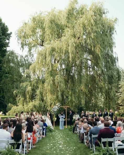 Belcroft Estate Toronto Wedding Photographer // Montreal, Quebec, Prince edward county, Muskoka   Ceremony under willow tree Wedding Under Trees, Tree Wedding Ceremony, Willow Tree Wedding, Wedding Alters, Wedding Decor Ideas, Elegant Centerpieces, Breathtaking Wedding, Event Planning Company, Boston Wedding