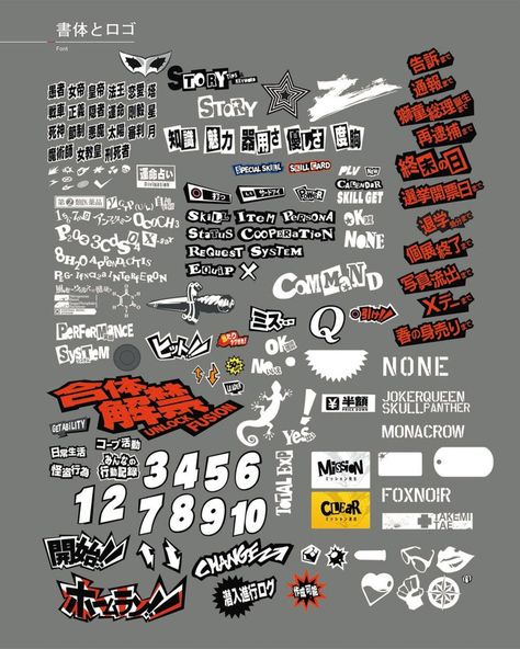 A Graphic showing the UI game assets from Persona 5 Persona 5 Game, Video Game Font, Phantom Thieves, Game Font, Jet Set Radio, Game Gui, Graphic Design Assets, Game Interface, Game Ui Design