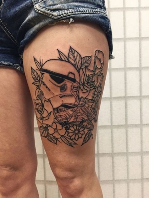 45 Most Ironic Star Wars Tattoos Designs Stormtrooper Tattoo, Framed Tattoo, Star Wars Tattoo, Star Wars Film, Star Tattoos, Skin Art, Thigh Tattoo, Unique Tattoos, Leg Tattoos