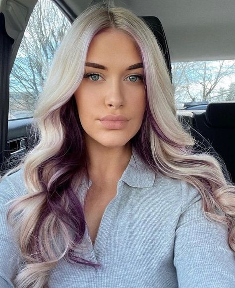 17 Flattering Blonde Hair Ideas with Purple Underneath | Hairdo Hairstyle Purple Roots Gray Hair, Perimeter Dyed Hair, Dark Purple Blonde Hair, Vivid Hair Color With Blonde, Blonde On Top Purple Underneath, Blonde Hair With Lavender Peekaboos, Cherry Cola Peekaboo Hair, Colorful Hair Dye Ideas For Blondes, Colored Ends Of Hair Blonde