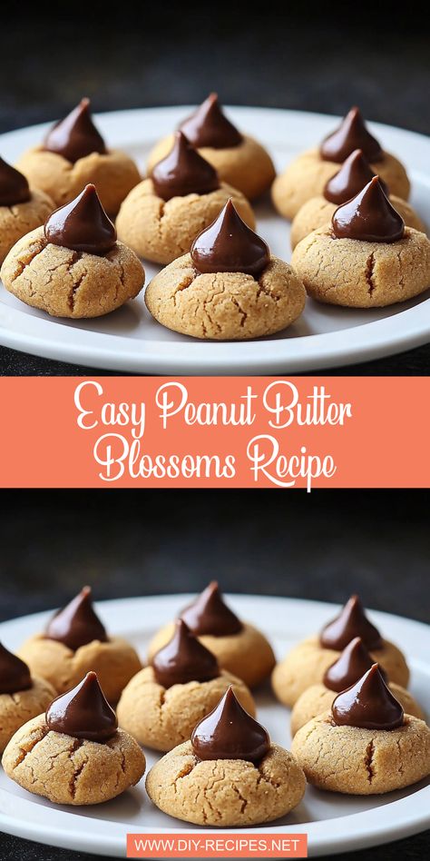 Make these easy peanut butter blossoms with a soft cookie base and a sweet Hershey Kiss on top! Perfect for holidays or anytime you need a quick treat. Peanut Butter With Hershey Kiss, Peanut Butter Cookies With Hershey Kiss, Peanut Butter Hershey Kiss Cookies Easy, Peanut Butter Cookies With Kisses, Hershey Kiss Cookie, Peanut Butter Hershey Kiss Cookies, Peanut Butter Kiss Cookies Recipe, Peanut Butter Kisses, Peanut Blossom Cookies