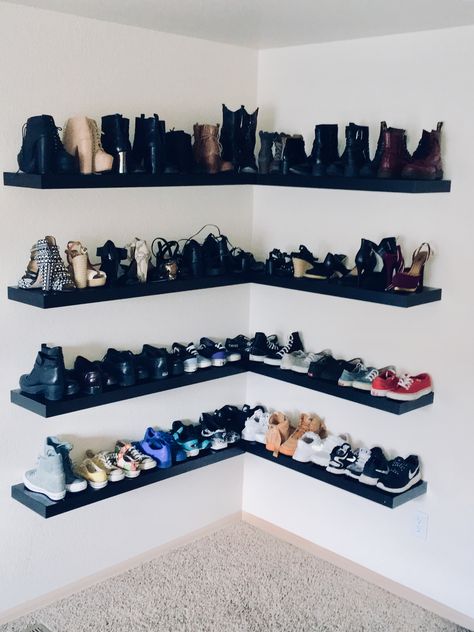 Floating Shoe Shelves, Ikea Shoe Rack, Ikea Lack Shelves, Ikea Shoe, Closet Shoe Storage, Shoe Wall, Shoe Rack Closet, Ikea Lack, Closet Layout